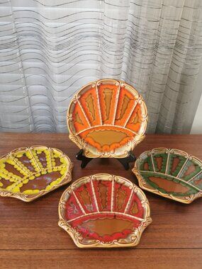 Retro Drip Glaze Fondue Shell Shape Plates Set of 4, VTG Japan MCM Dishes 9.25"